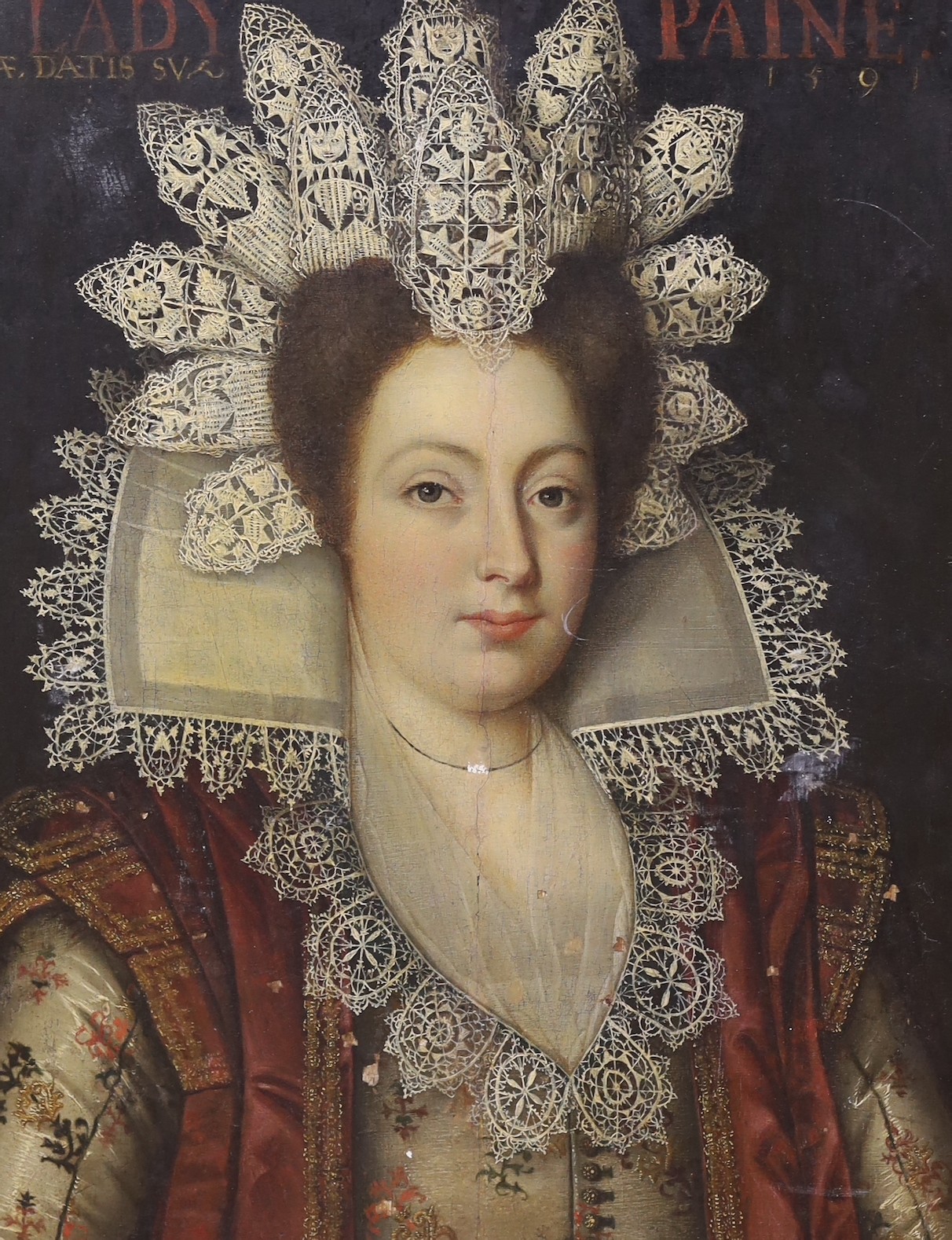 Early 19th century English School, oil on wooden panel, Portrait of 'Lady Paine, AE Datis Sua 1591', 65 x 50cm